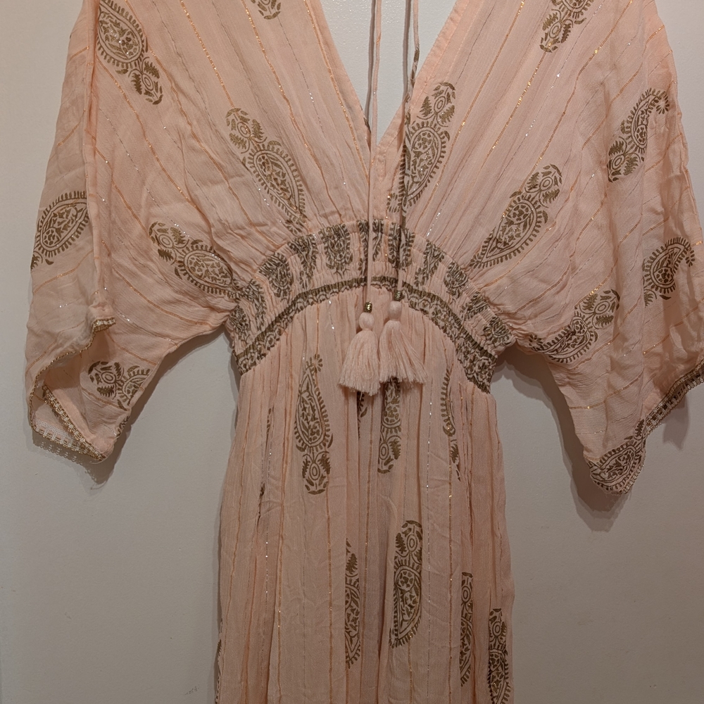 Bohemian Peach Maxi Dress with Gold Accents